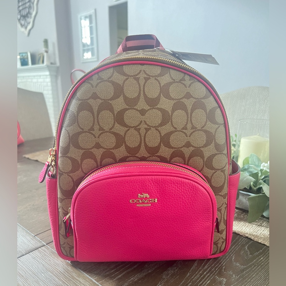 NWT COACH Signature Court Backpack khaki bold pink and gold hardware